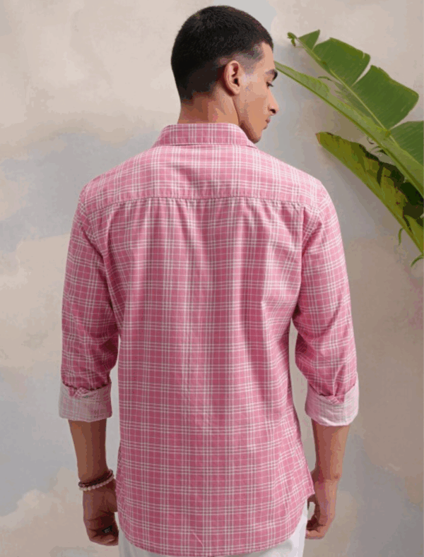 Classic Pink Slim Fit Tartan Checked Spread Collar Cotton Casual Shirt - Image 5